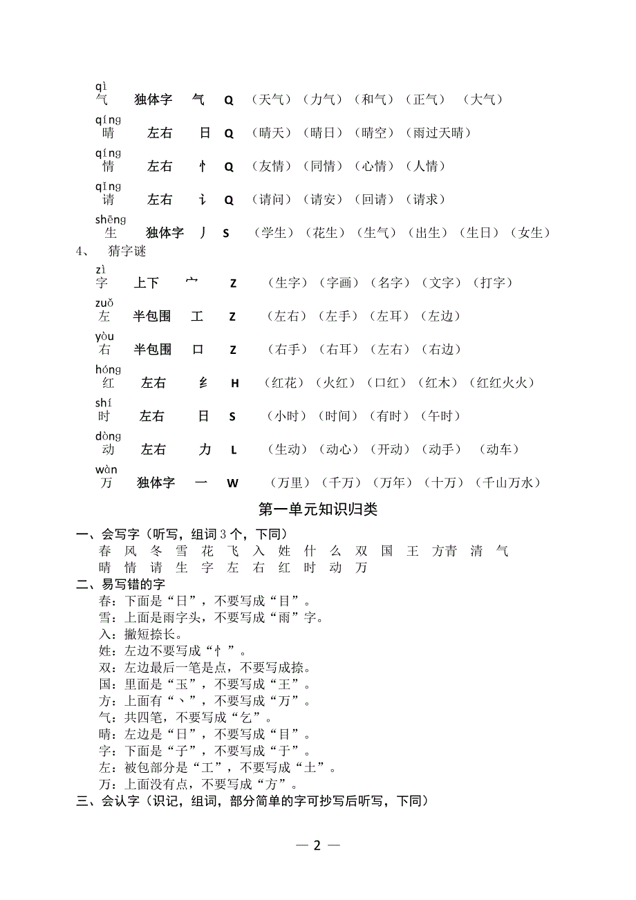 2018年小学一年级语文下册各单元复习资料(人教版)_第2页