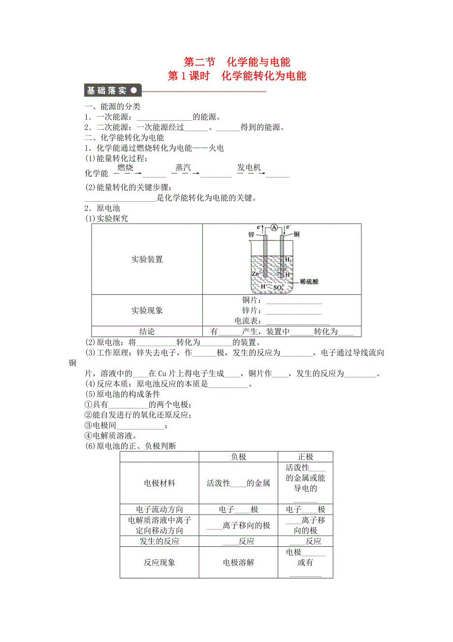 2014-2015学年高中化学 第二章 第二节 第1课时 化学能转化为电能课时作业 新人教版必修2_第1页