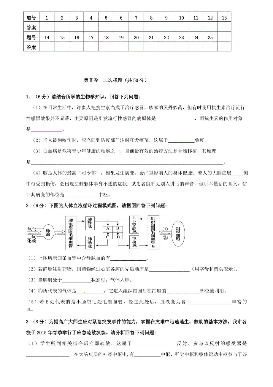 山东省东营市广饶县稻庄镇实验中学2014-2015学年七年级生物下学期期末复习试题 （新版）济南版_第4页