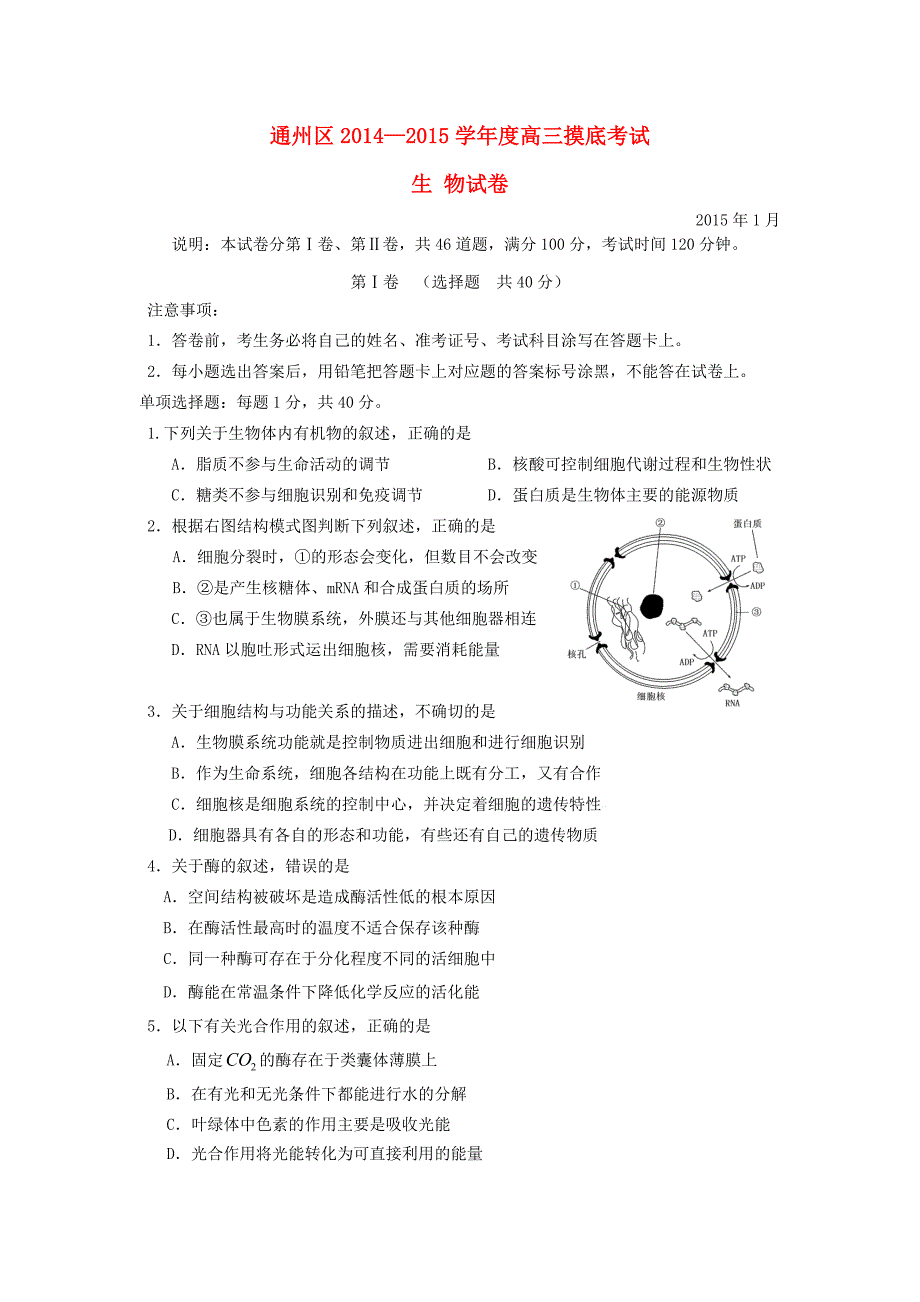 北京市通州区2015届高三生物1月摸底考试试题（含解析）_第1页