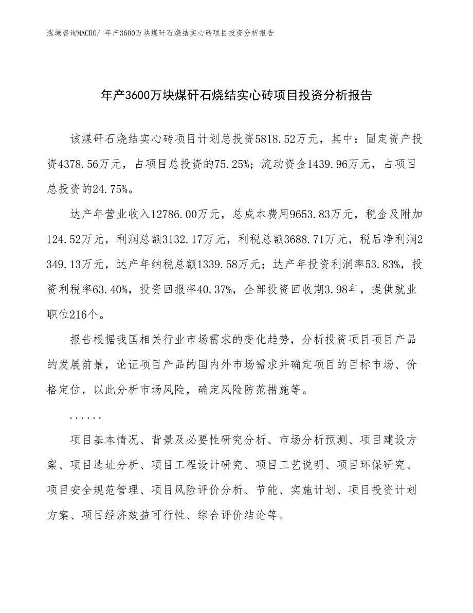 某某有限责任公司年产3600万块煤矸石烧结实心砖项目投资分析报告_第1页