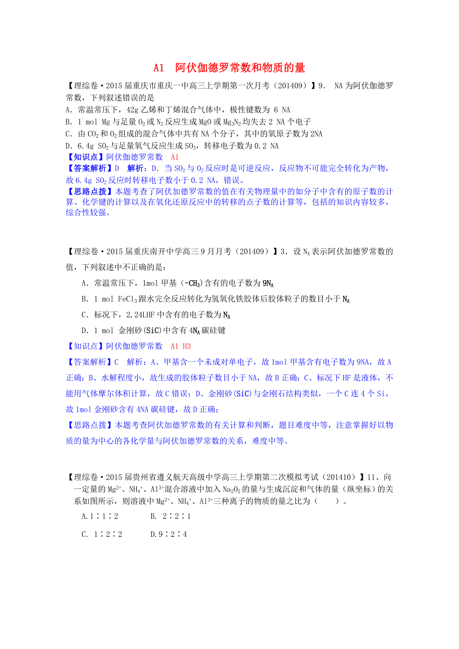 全国2015届高考化学试题汇编（11月第一期）a1 阿伏伽德罗常数和物质的量_第1页