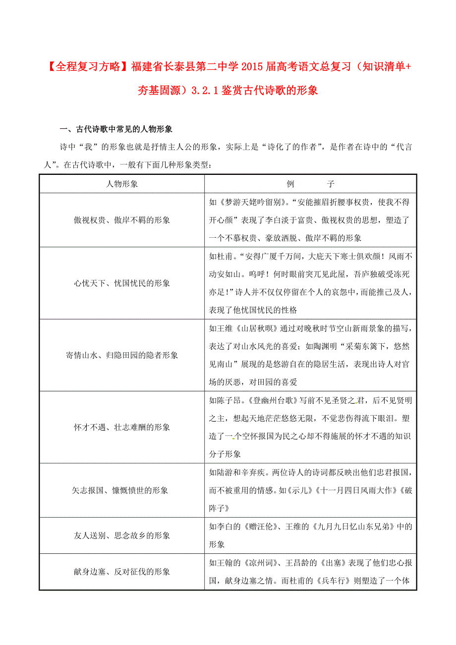 福建省长泰县第二中学2015届高考语文总复习（知识清单+夯基固源）3.2.1鉴赏古代诗歌的形象_第1页