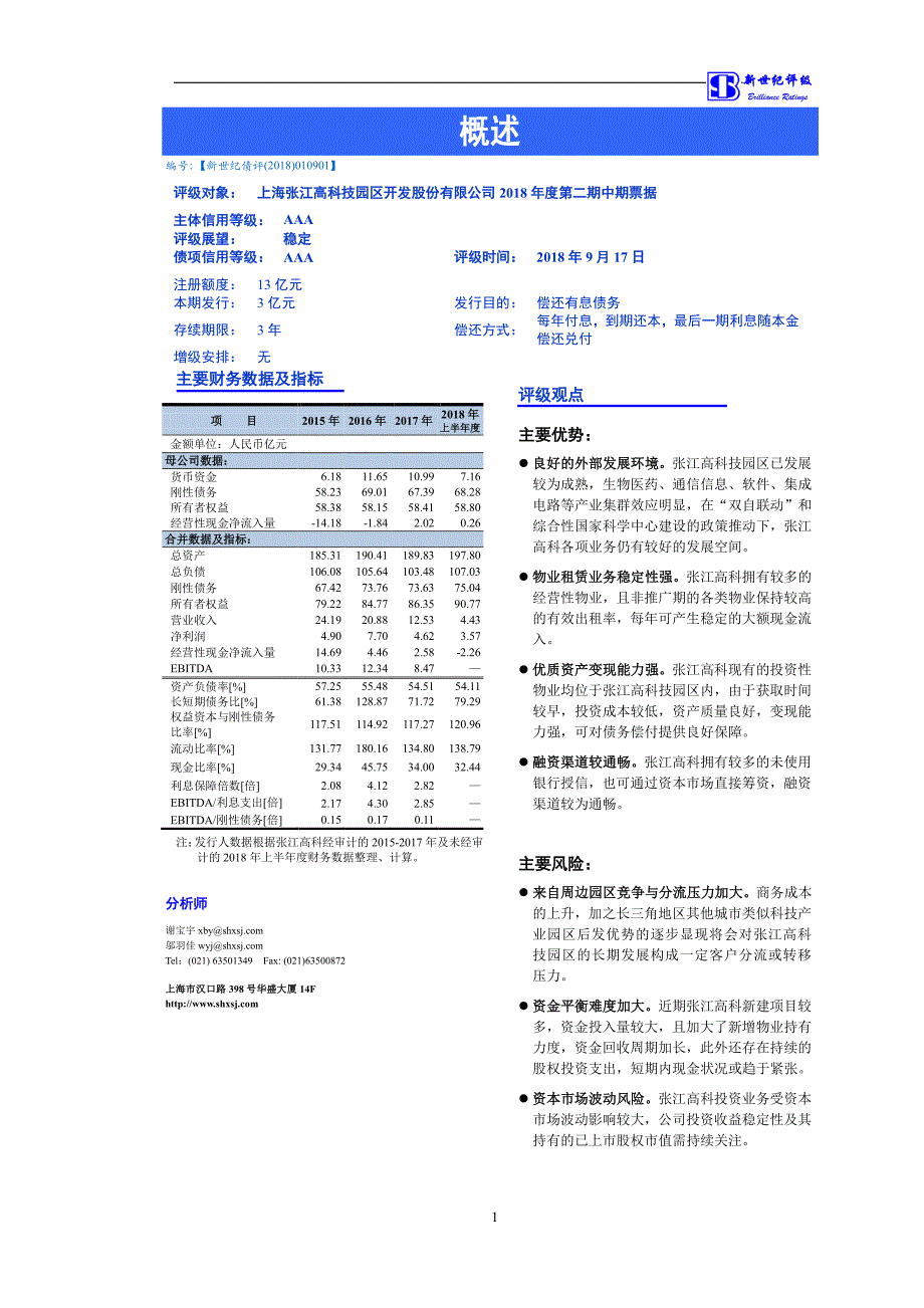 上海张江高科技园区开发股份有限公司18第二期中期票据信用评级报告_第1页