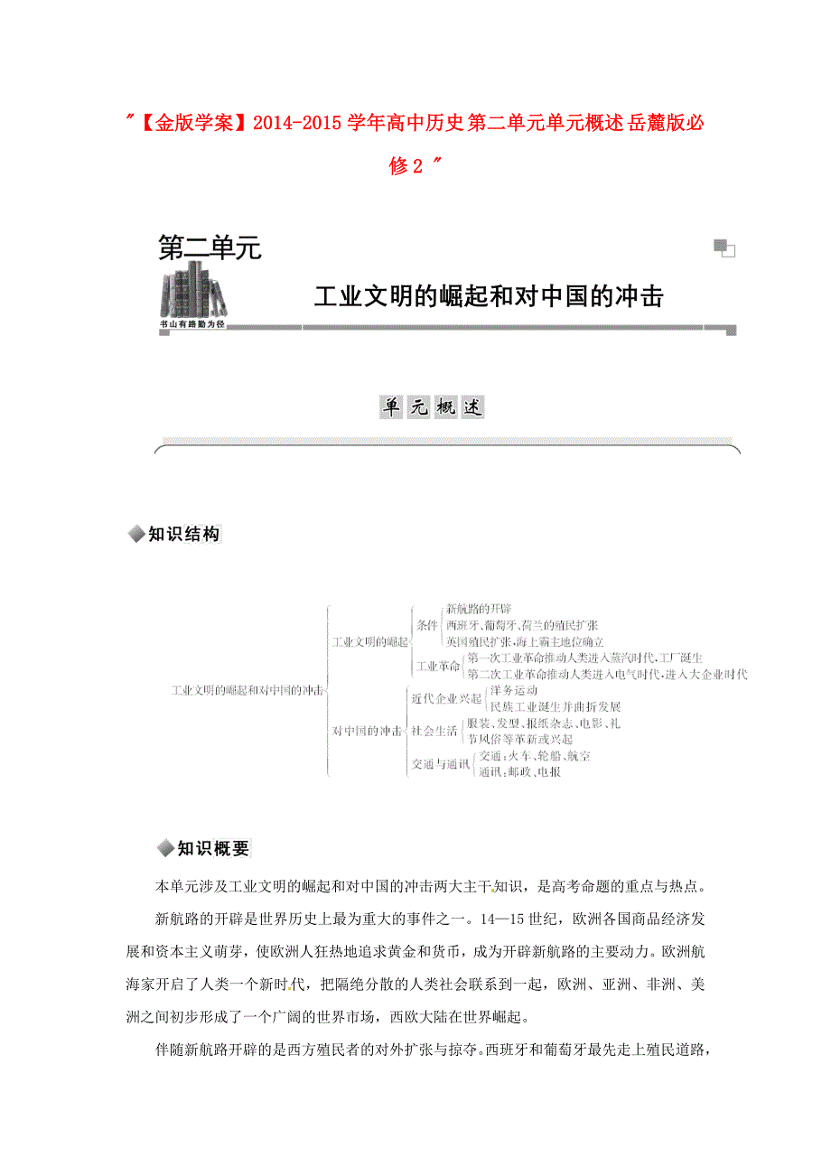 2014-2015学年高中历史 第二单元单元概述 岳麓版必修2_第1页