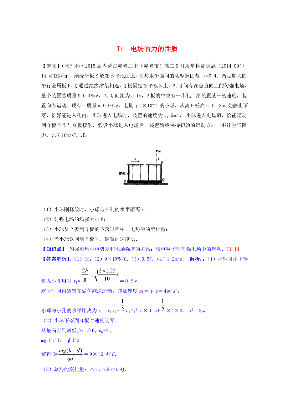 全国2015届高考物理试题汇编（第四期）i1电场的力的性质（含解析）_第1页