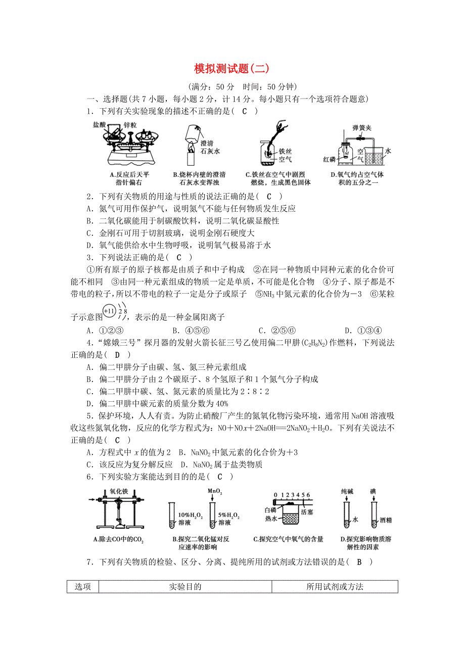 陕西省2015中考化学总复习 模拟测试题（二）_第1页