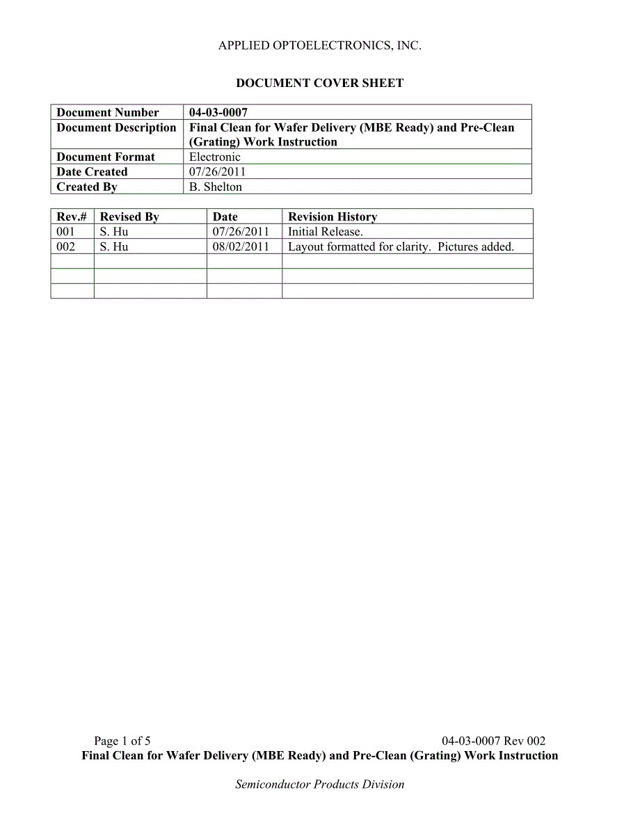 04-03-0007_002 Final Clean for Wafer Delivery （MBE Ready） and Pre-Clean （Grating） Work Instruction （R）_第1页