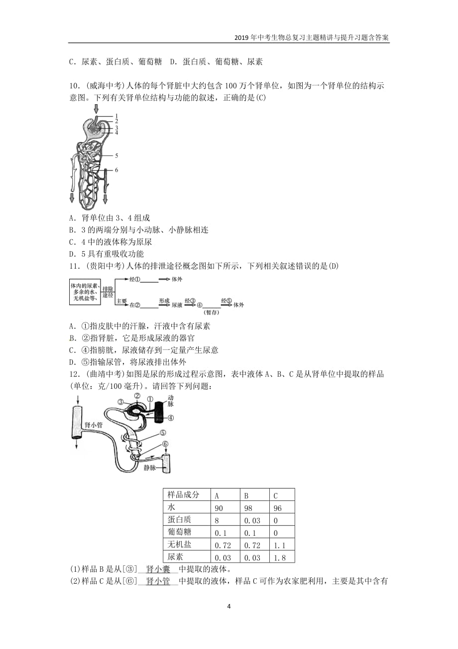 2019年中考生物总复习主题四生物圈中的人课时11人体内废物的排出_第4页