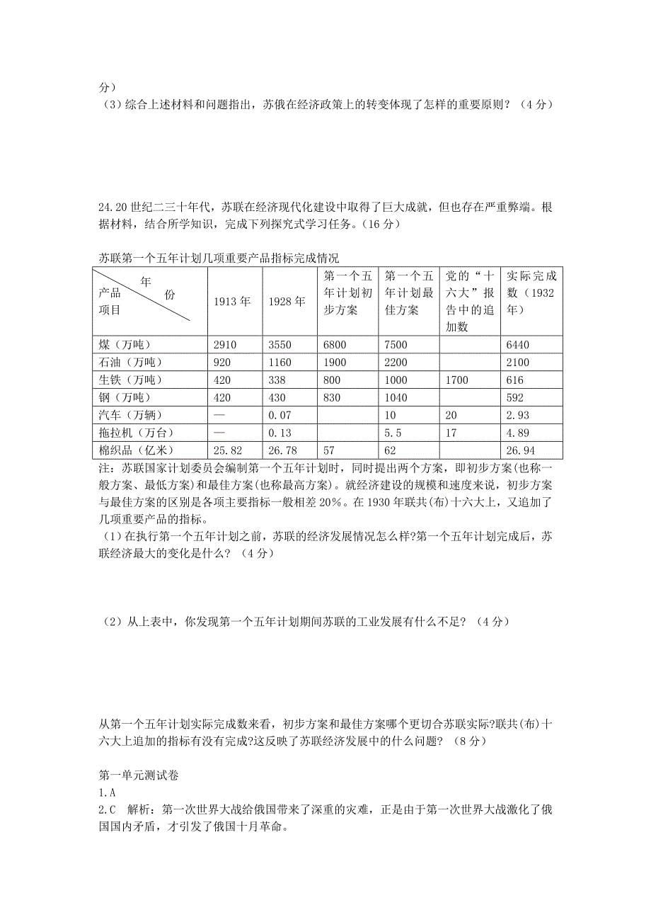 九年级历史下册 第一单元 苏联社会主义道路的探索测试题 中图版_第5页