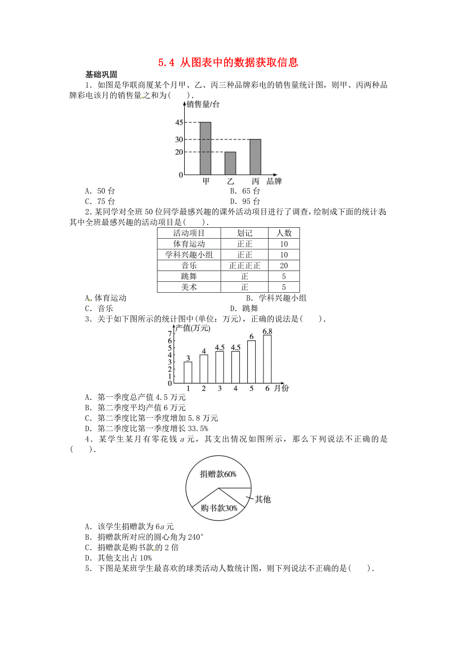 七年级数学上册 5.4 从图表中的数据获取信息分层训练 （新版）沪科版_第1页