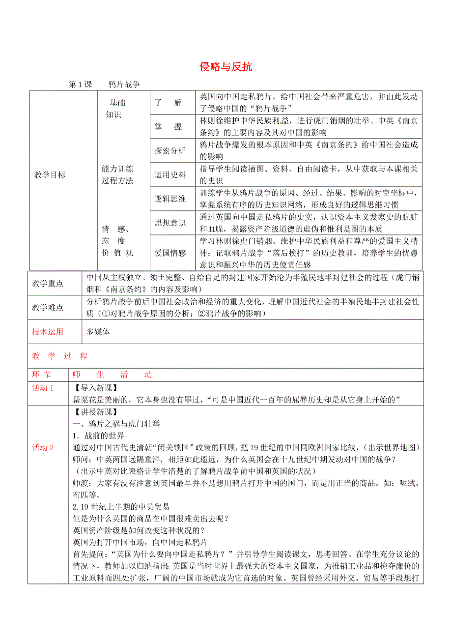 八年级历史上册 第1课 鸦片战争教案2 新人教版_第1页