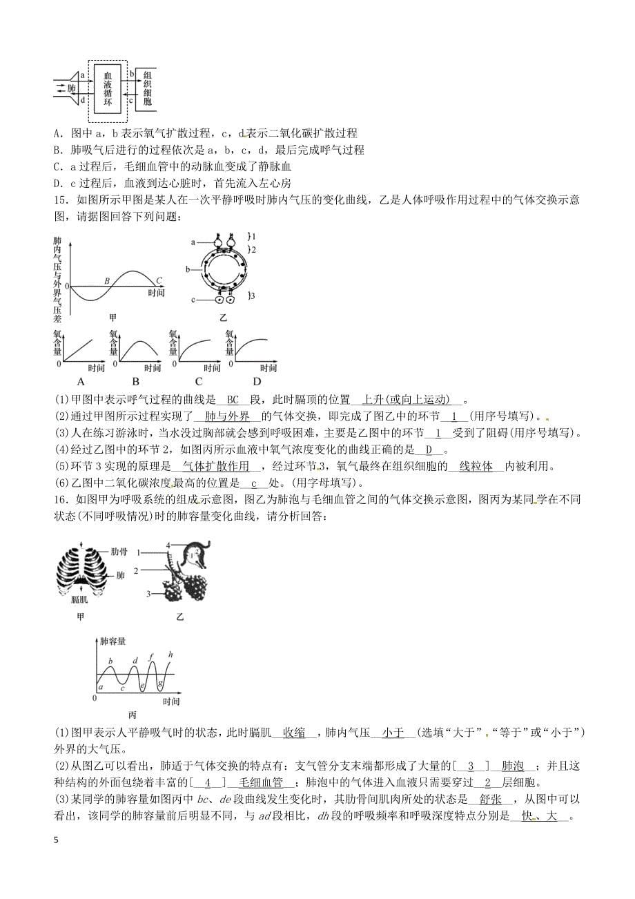 2019年中考生物总复习四生物圈中的人课时9人体的呼吸含答案_第5页