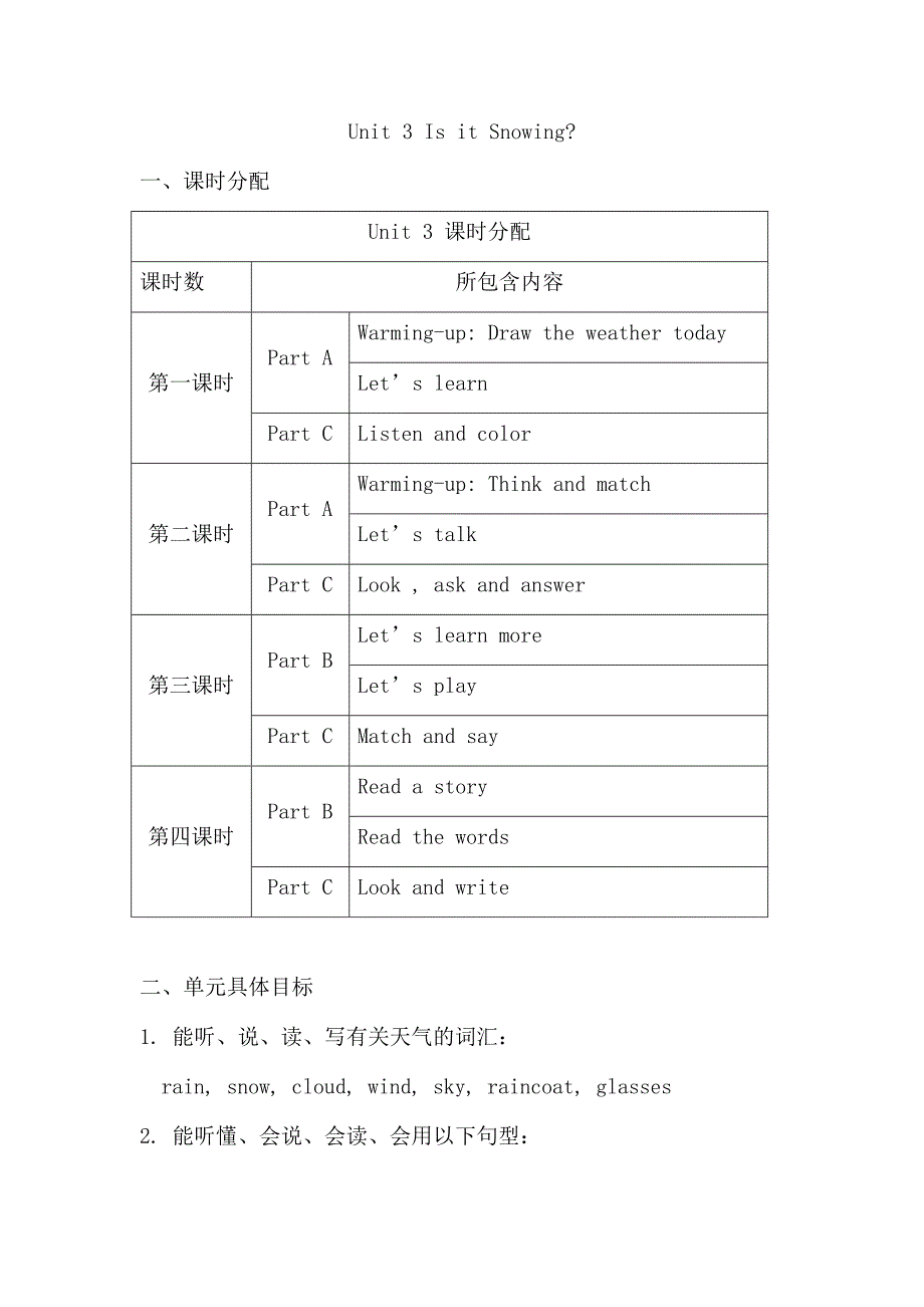 2013陕西旅游版四年级下册英语unit 3 is it snowing教案_第1页