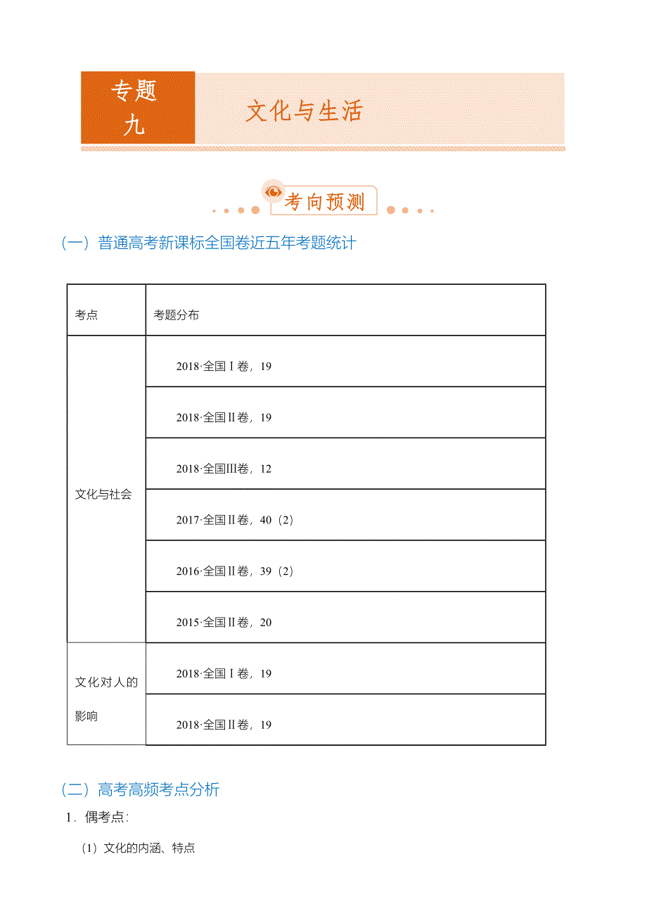 【2019届高考二轮复习臻品资源-政治】 专题9：文化与生活 word班含解析_第1页