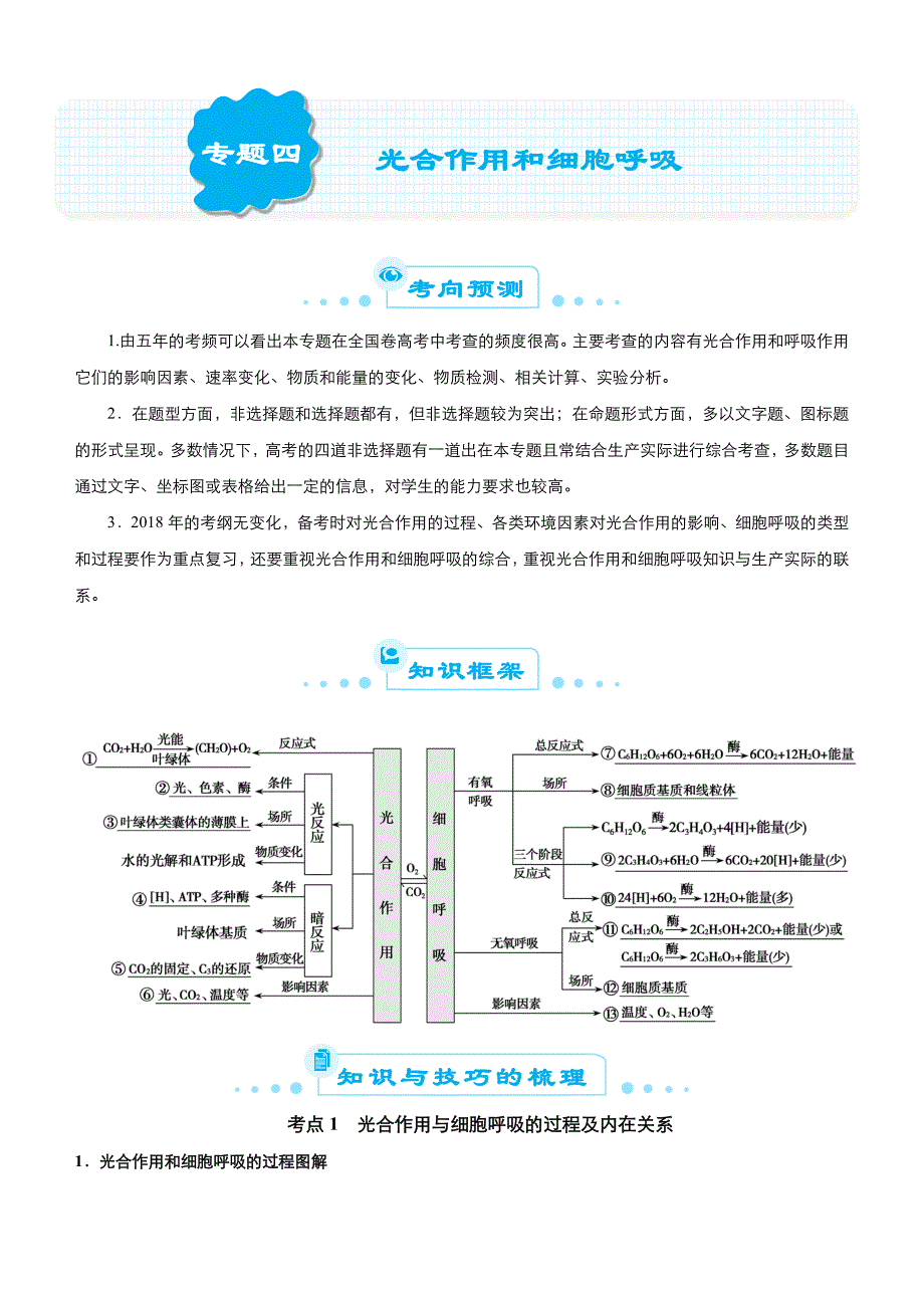 【2019届高考二轮复习臻品资源-生物】 专题4：光合作用和细胞呼吸 word版含答案_第1页