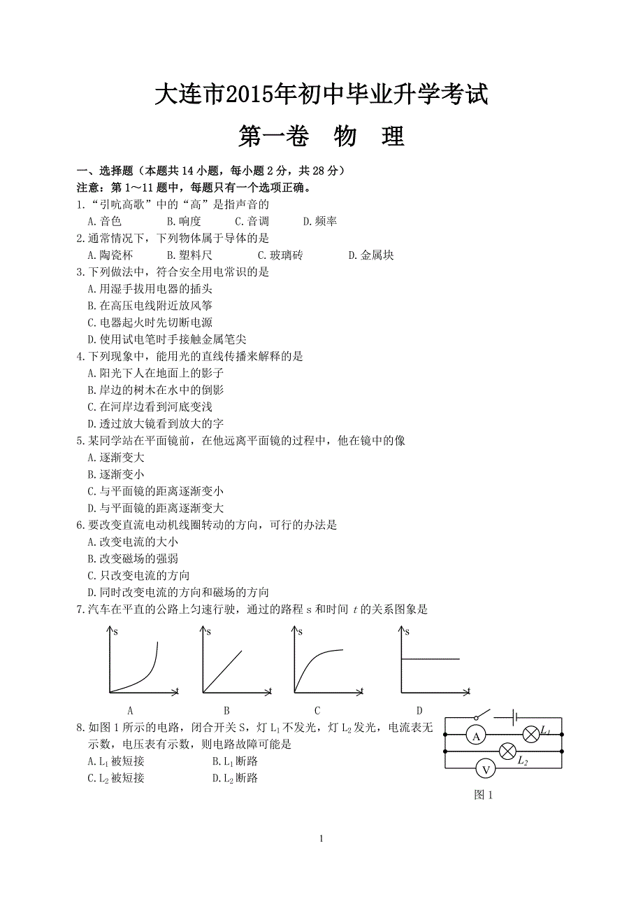 2015大连市中考物理试题及答案_第1页