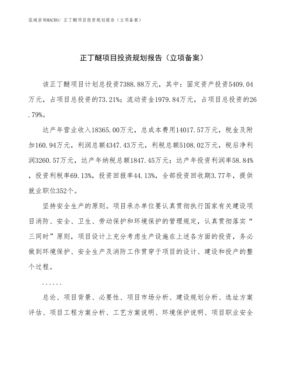 正丁醚项目投资规划报告（立项备案）_第1页