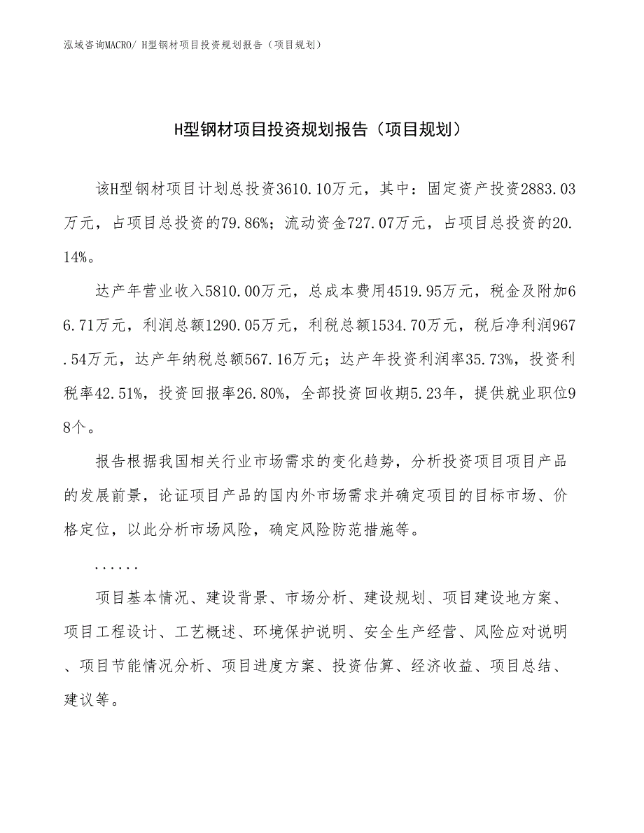 H型钢材项目投资规划报告（项目规划）_第1页