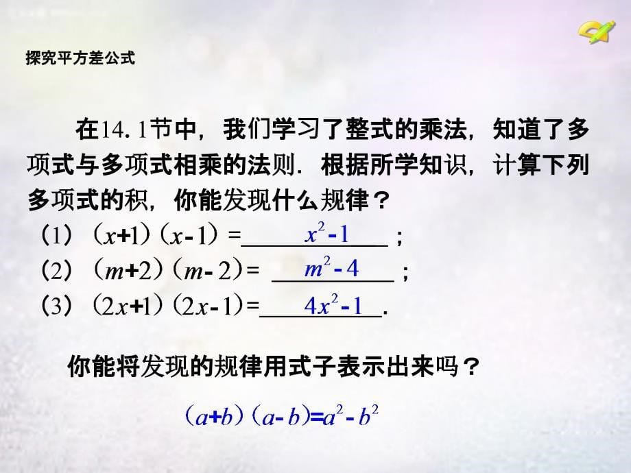 广西中峰乡育才中学八年级数学上册 14.2《乘法公式》平方差公式课件 （新版）新人教版_第5页