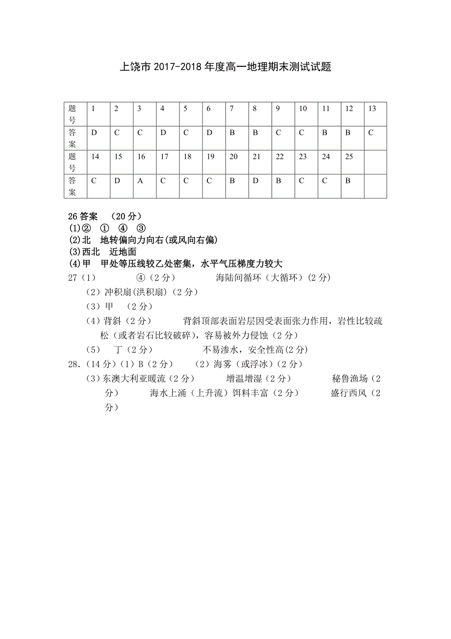 江西省上饶市2018-2019学年高一上学期期末统考地理答案_第1页