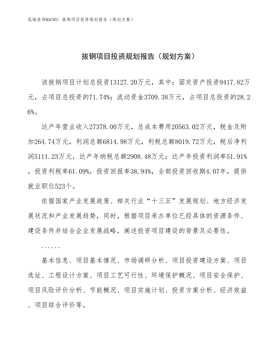 拔钢项目投资规划报告（规划方案）_第1页