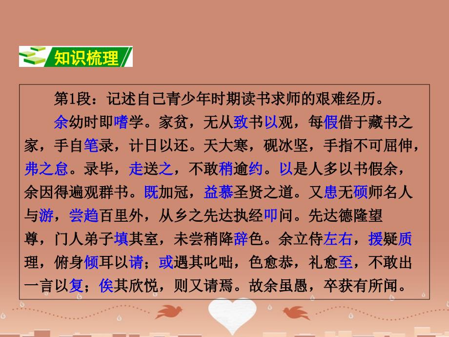 广西2018届中考语文 第一部分 古诗文阅读 专题2 课内文言文阅读 第17篇 送东阳马生序（节选）复习课件 新人教版_第3页