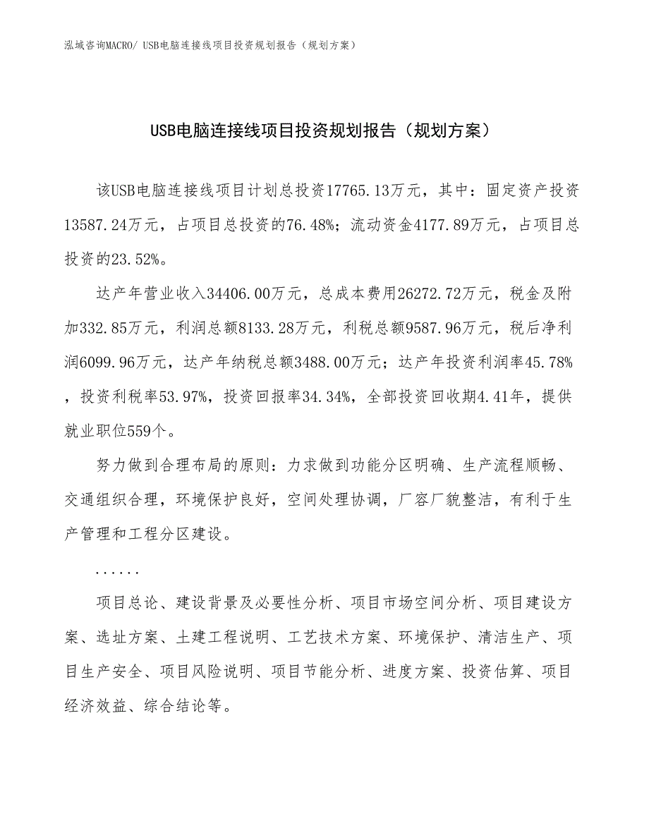 USB电脑连接线项目投资规划报告（规划方案）_第1页