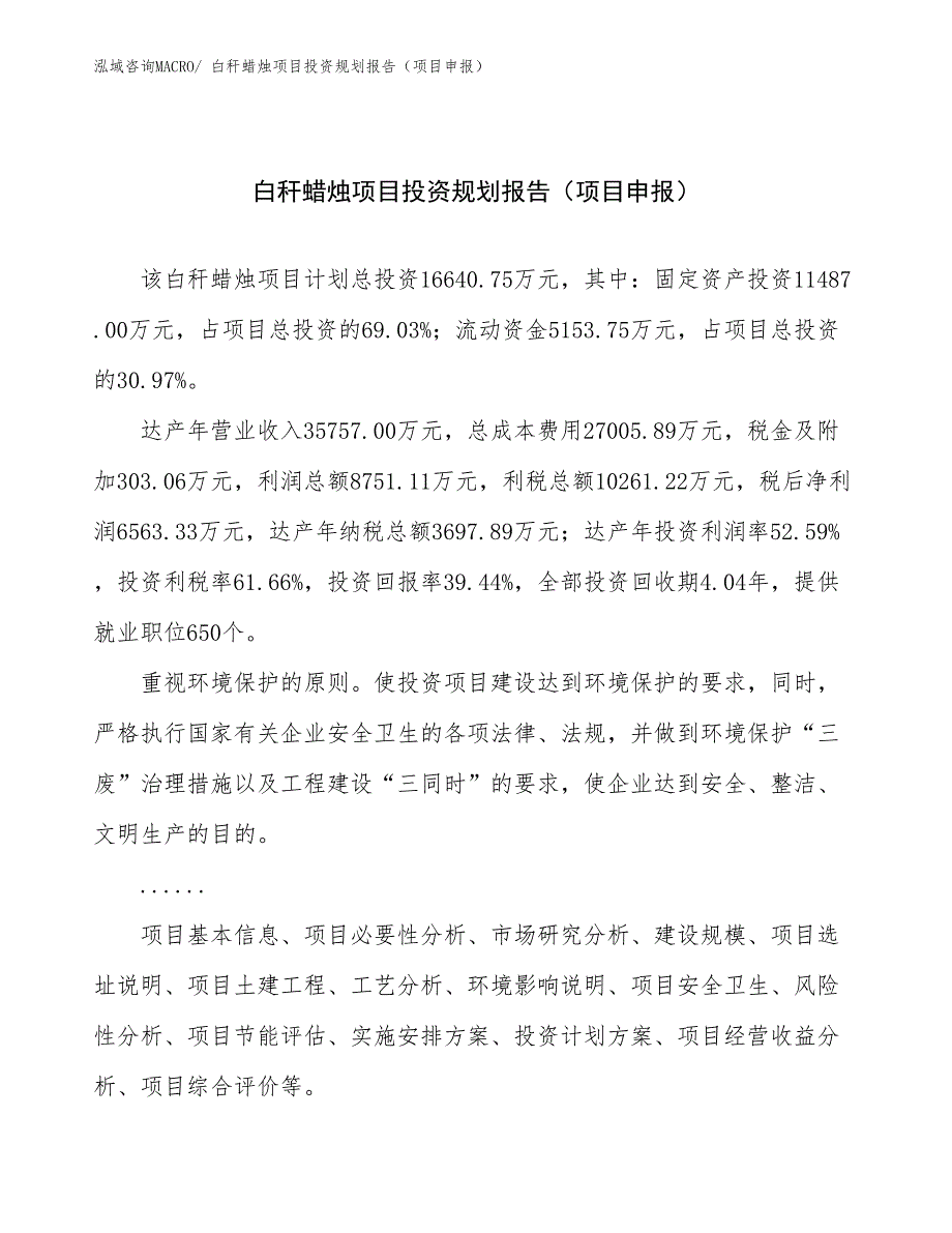 白秆蜡烛项目投资规划报告（项目申报）_第1页