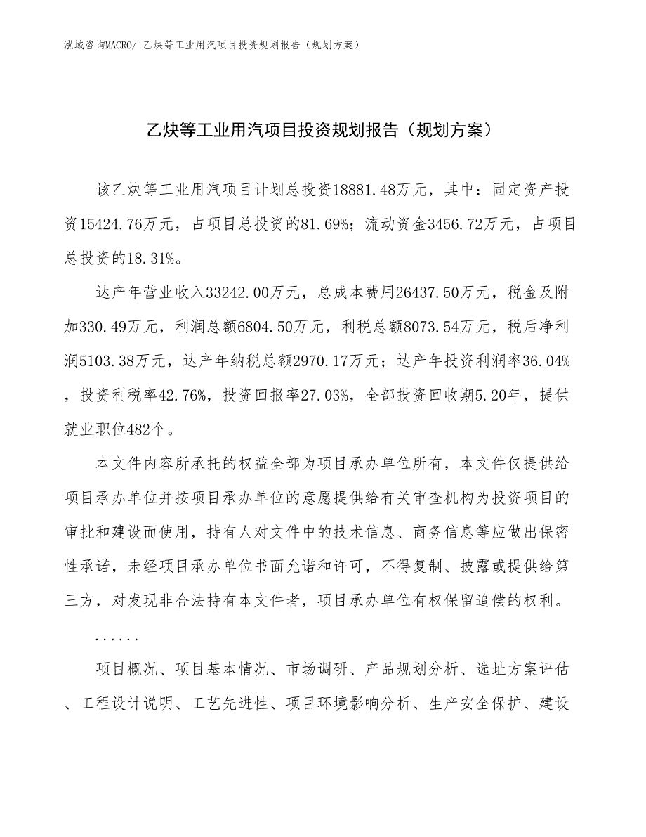 乙炔等工业用汽项目投资规划报告（规划方案）_第1页