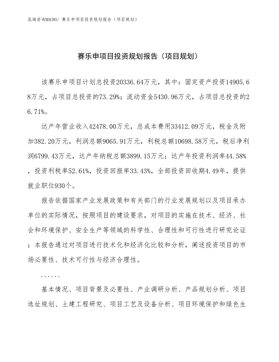 赛乐申项目投资规划报告（项目规划）_第1页