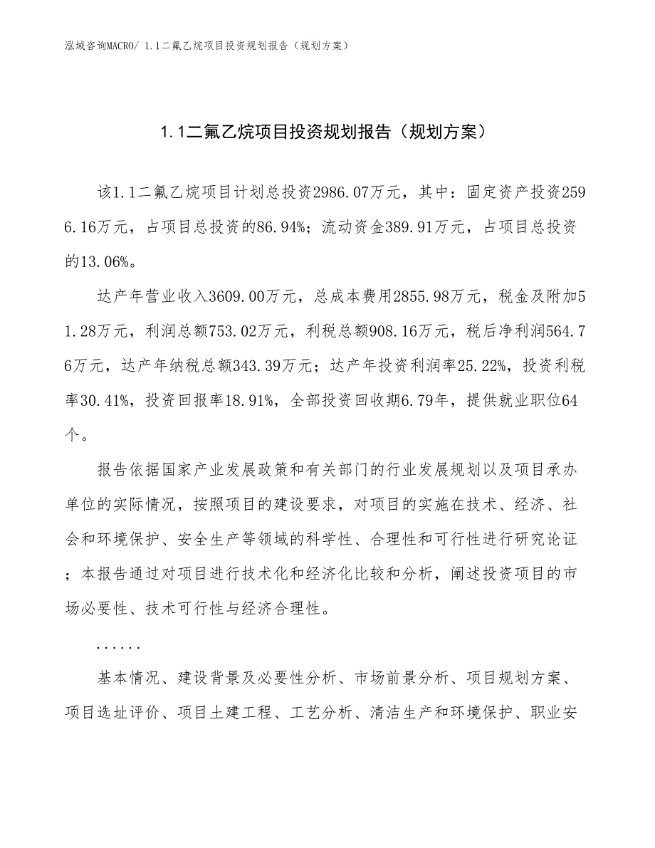 1.1二氟乙烷项目投资规划报告（规划方案）_第1页