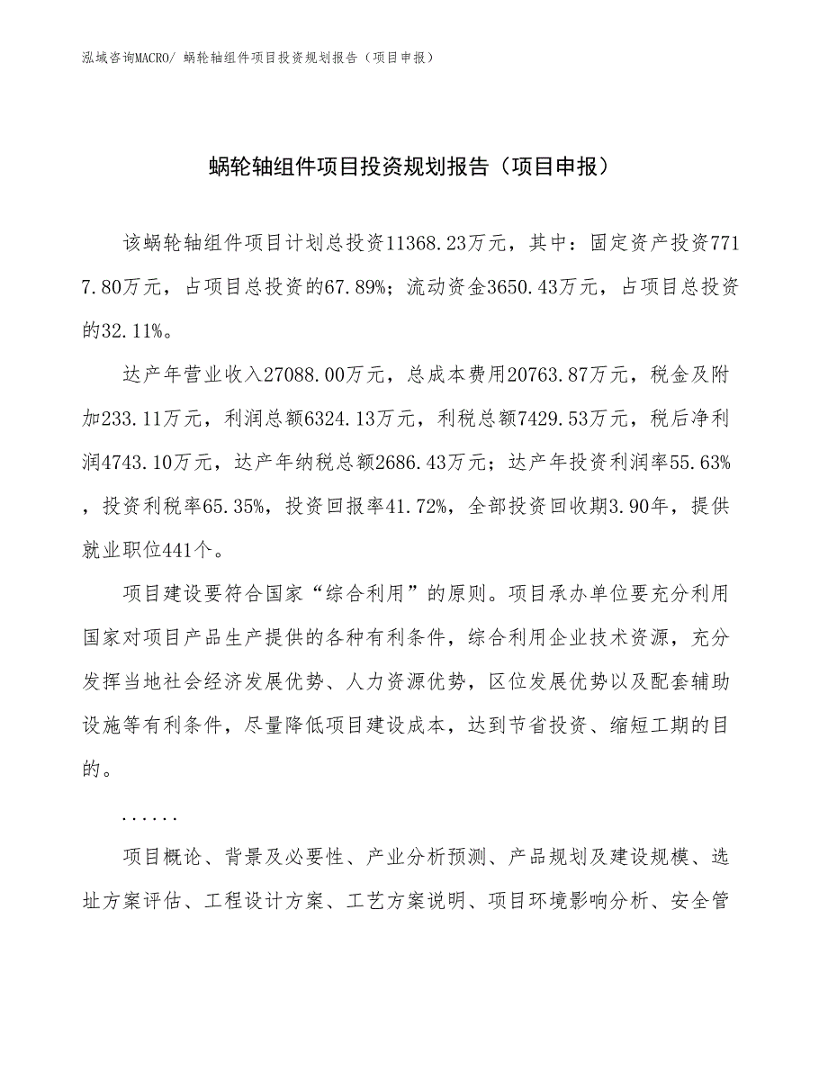 蜗轮轴组件项目投资规划报告（项目申报）_第1页