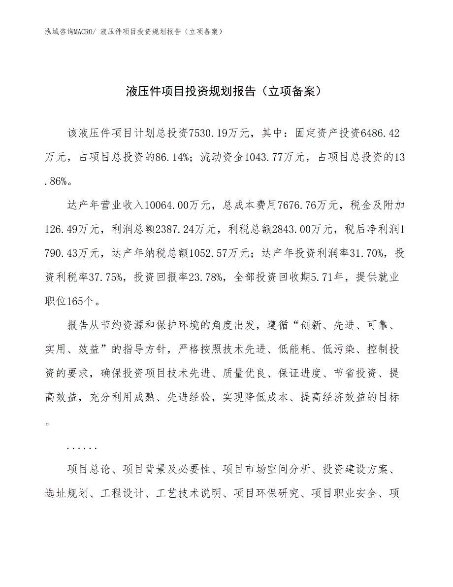 液压件项目投资规划报告（立项备案）_第1页