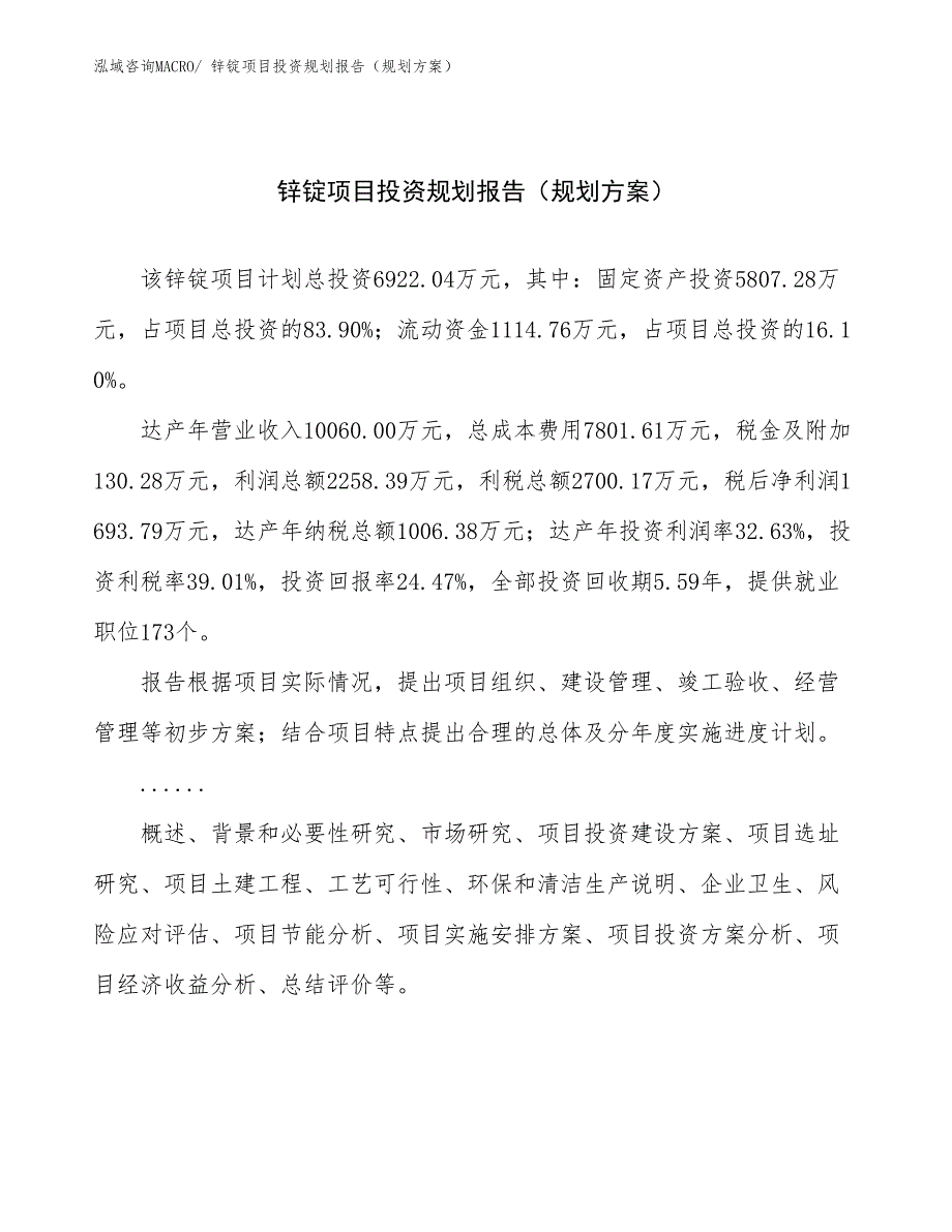 锌锭项目投资规划报告（规划方案）_第1页