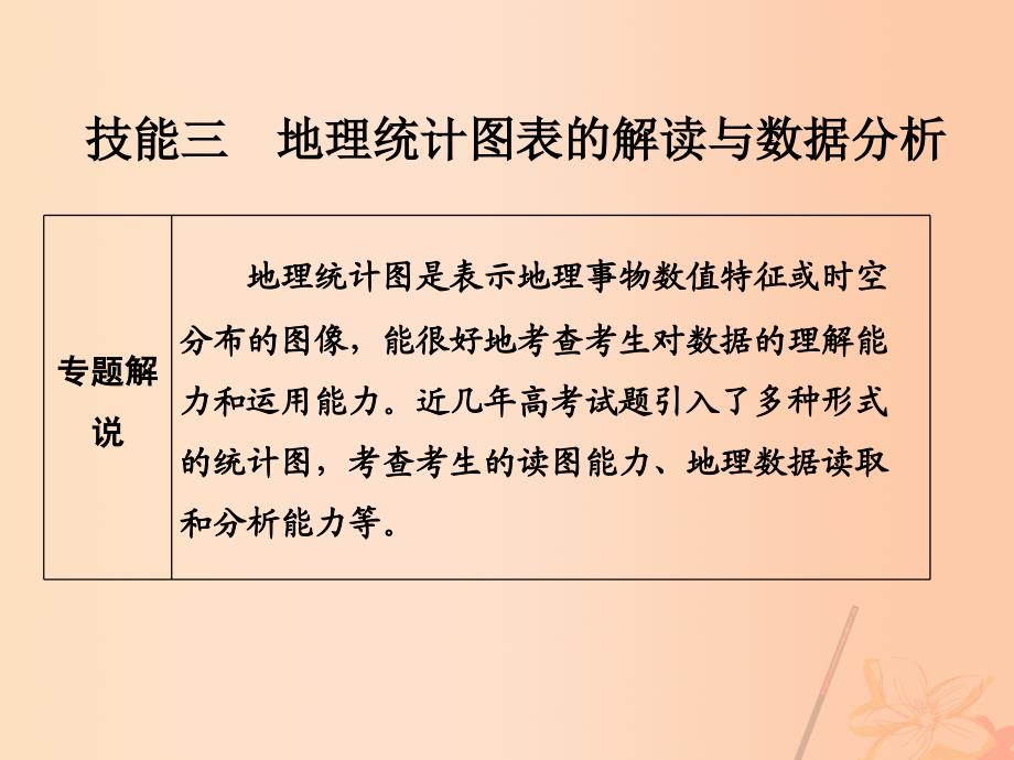 （全国通用）2018届高考地理二轮复习 第一部分 技能培养 技能三 类型一 地理统计图表的解读与数据分析课件_第1页