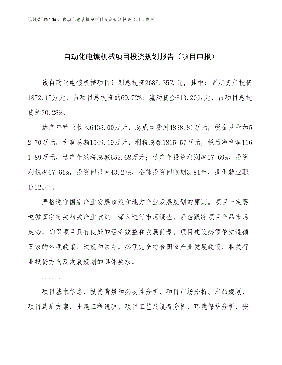 自动化电镀机械项目投资规划报告（项目申报）_第1页