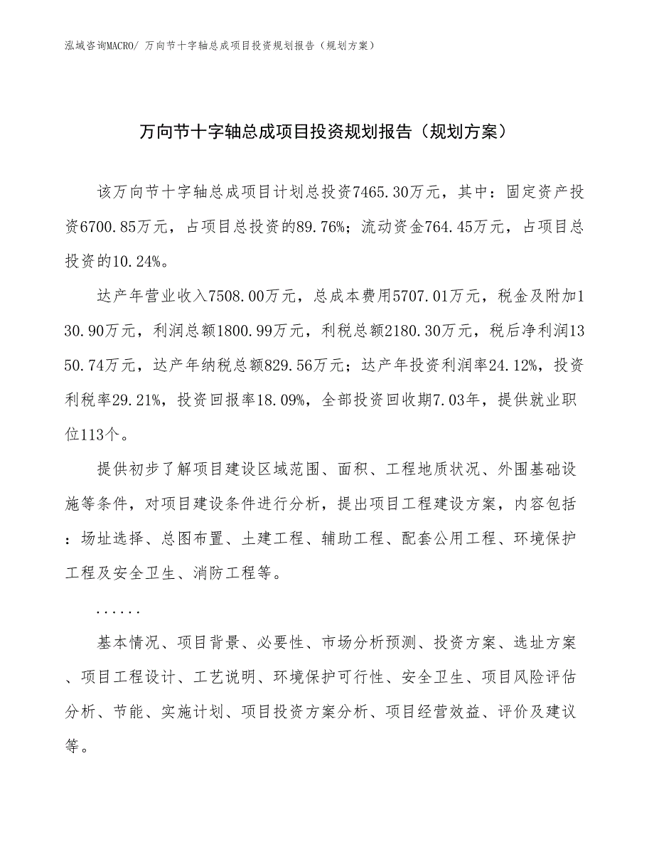 万向节十字轴总成项目投资规划报告（规划方案）_第1页