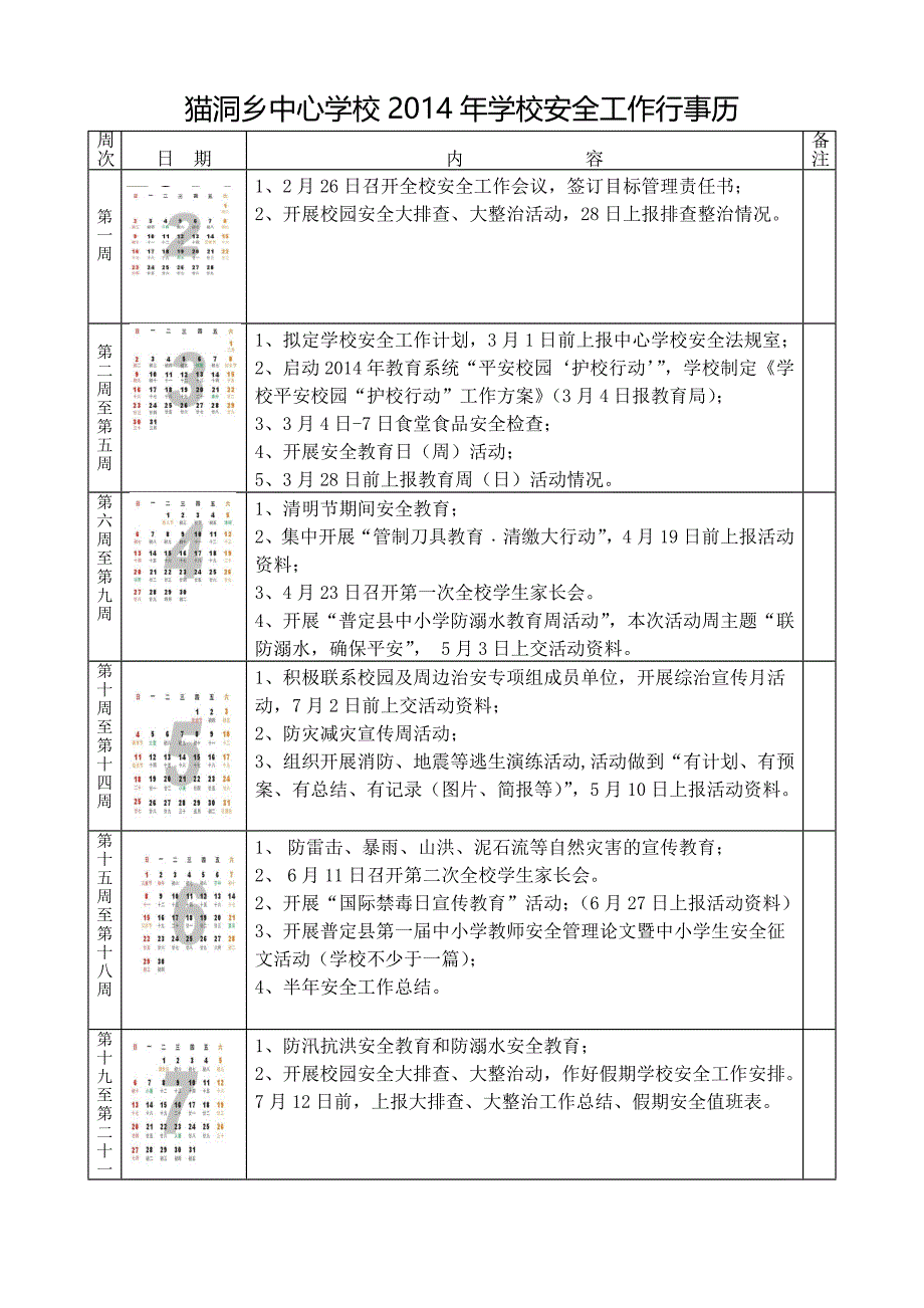 2014年学校安全工作行事历_第1页