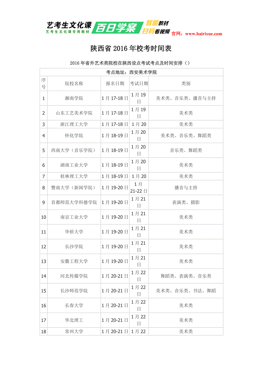 陕西省2016年校考时间表_第1页