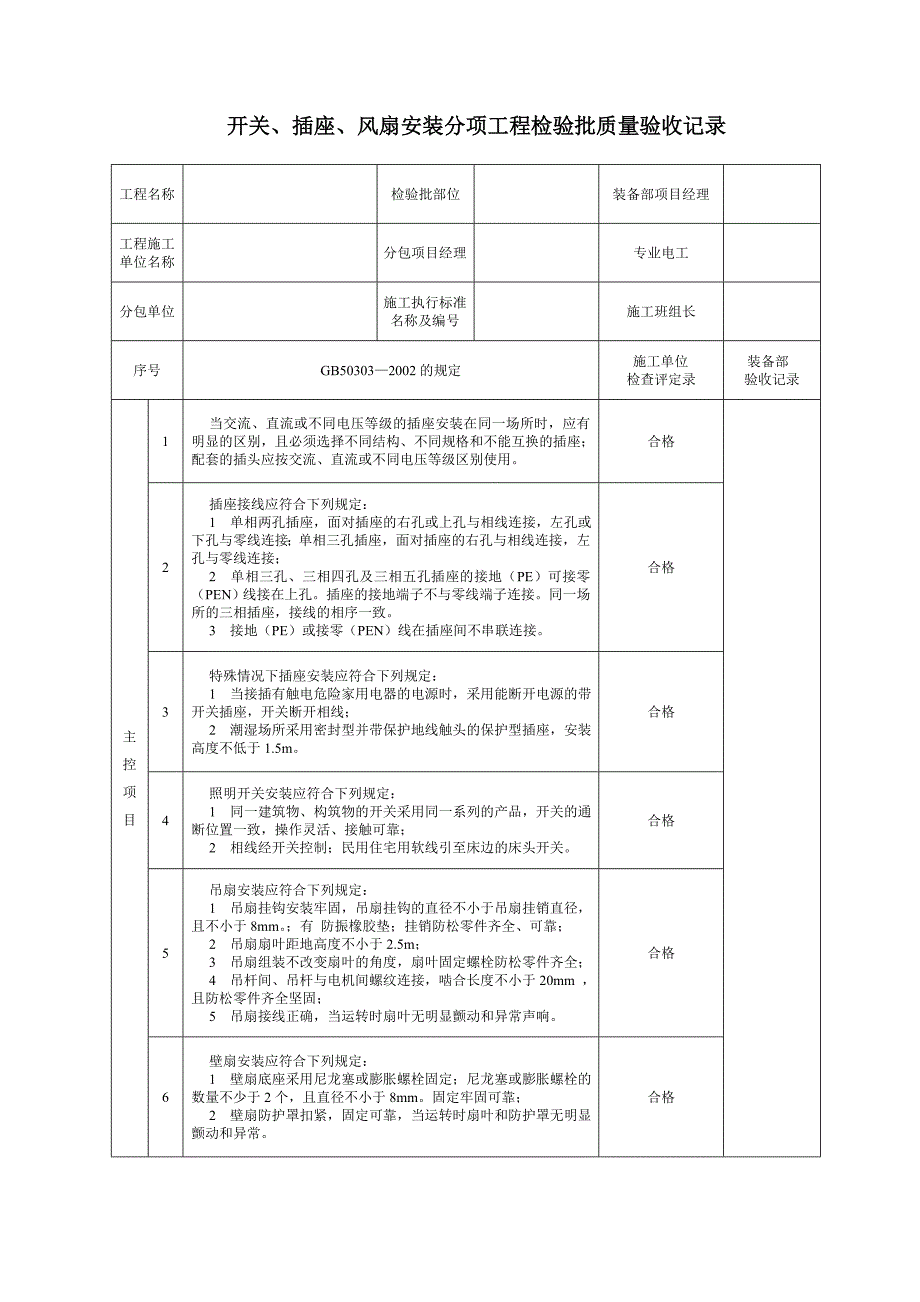 装备部-开关插座批质量验收记录_第1页