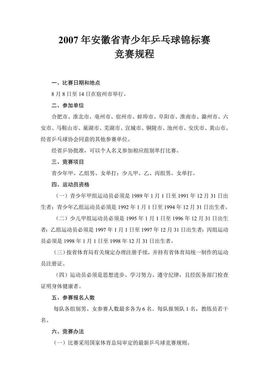 2007年安徽省青少年乒乓球锦标赛_第1页