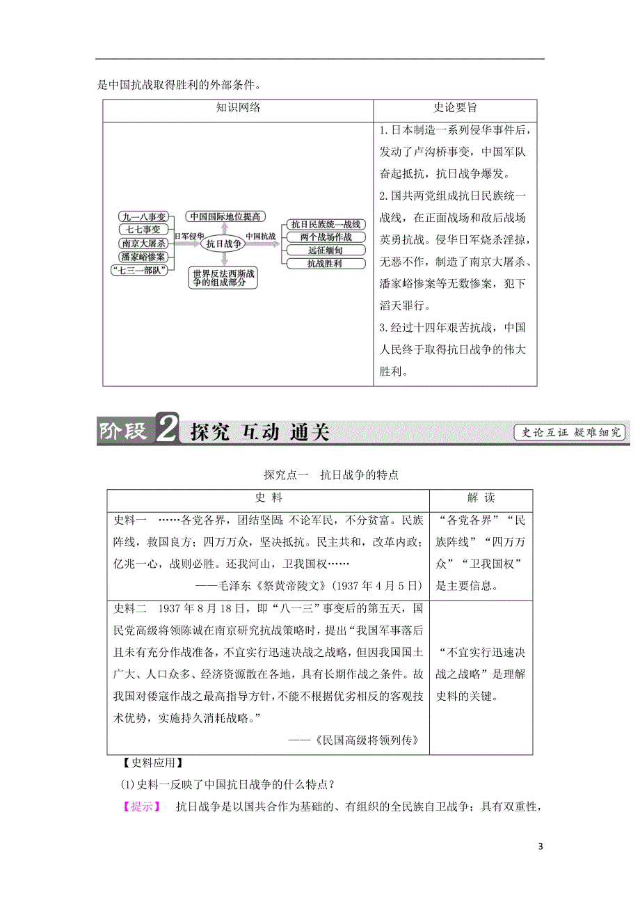 2017-2018学年高中历史第4单元近代中国反侵略求民主的潮流第16课抗日战争教材梳理点拨新人教版必修_第3页