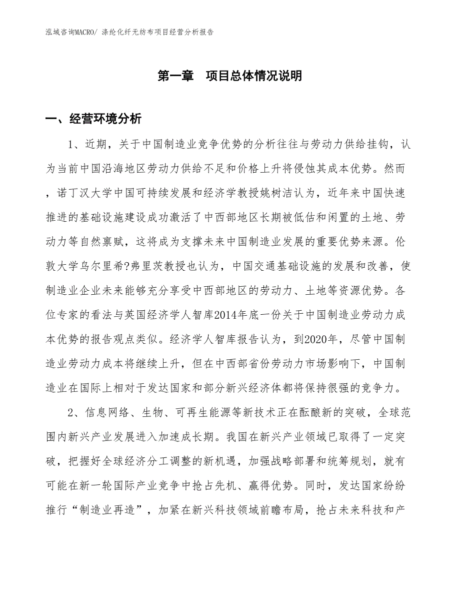 涤纶化纤无纺布项目经营分析报告_第1页