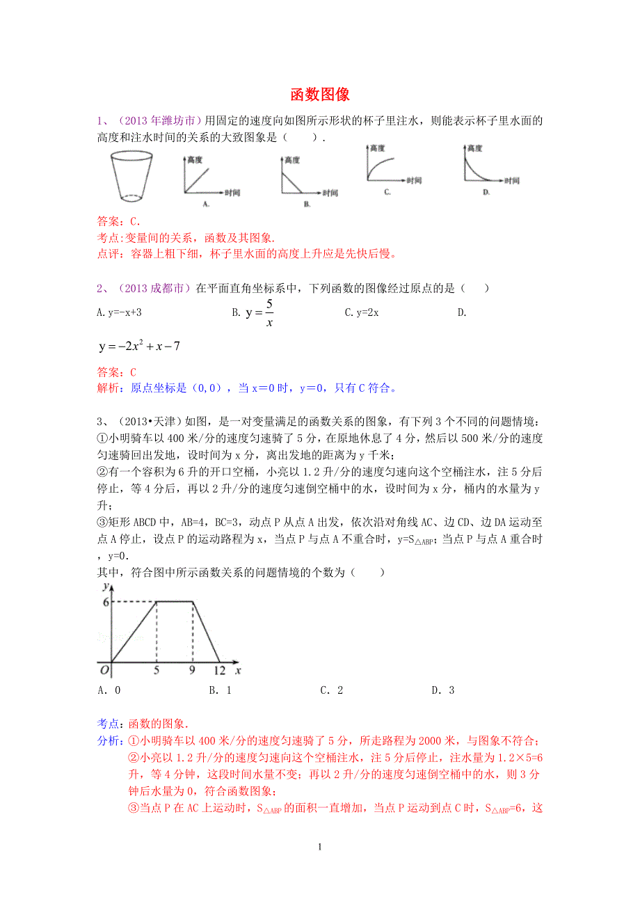 2013年中考数学试卷分类汇编 函数图像_第1页