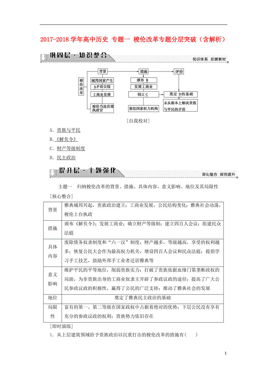 2017-2018学年高中历史专题一梭伦改革专题分层突破含解析人民版选修_第1页