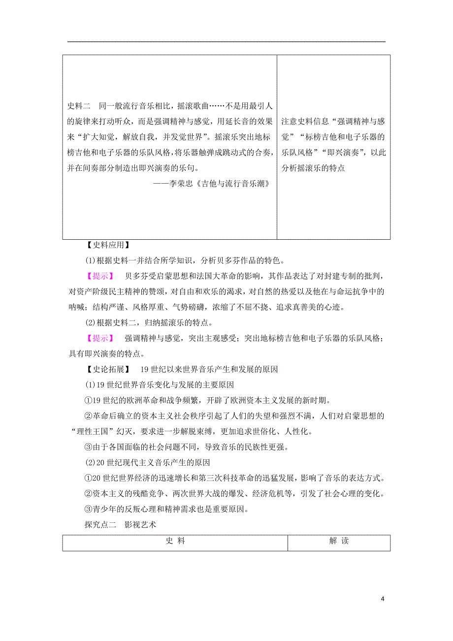 2017-2018学年高中历史第8单元19世纪以来的世界文学艺术第24课音乐与影视艺术教材梳理点拨新人教版必修_第4页