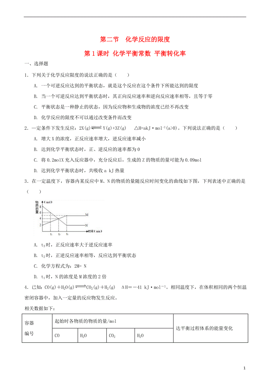 2017-2018学年高中化学第二章化学反应的方向限度与速率第二节化学反应的限度第1课时作业鲁科版选修_第1页