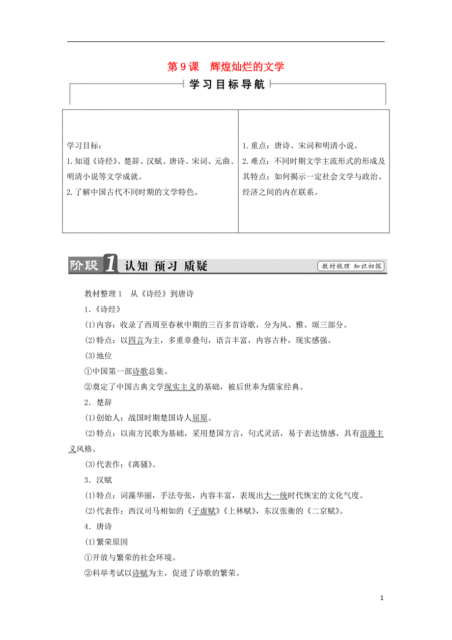 2017-2018学年高中历史第3单元古代中国的科学技术与文学艺术第9课辉煌灿烂的文学教材梳理点拨新人教版必修_第1页