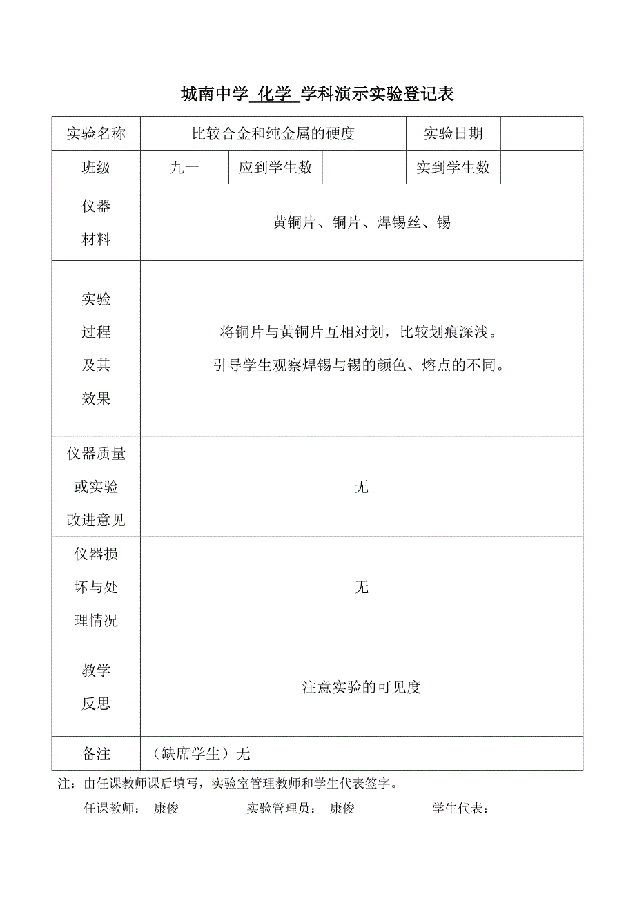 九年级化学下册演示实验登记表_第1页